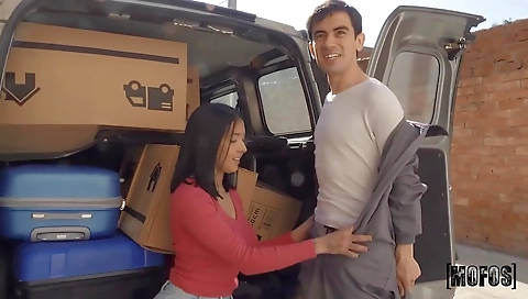 Brunette sucks off a big dick