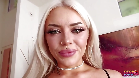 Sexy blonde dildo fucks her pussy in the kitchen